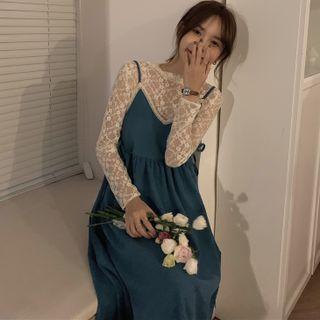 Lace-trim Spaghetti-strap Midi Dress / Long-sleeve Lace Top