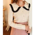 Contrast-collar Faux-pearl Button Cardigan Beige - One Size