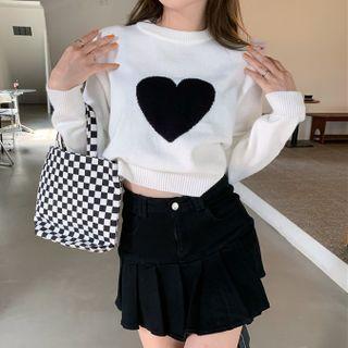 Heart Printed Long-sleeve Cropped Knit Top