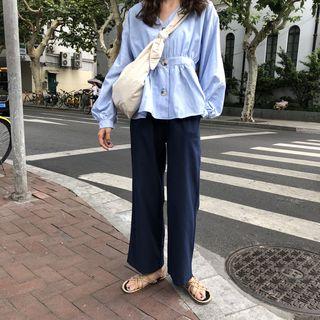 Set: Striped V-neck Long Sleeve Blouse / Wide Leg Pants