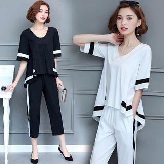 Set: Elbow-sleeve Color Block Top + Cropped Pants