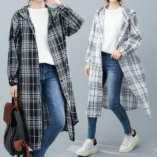 Plaid Buttoned Hooded Long Jacket