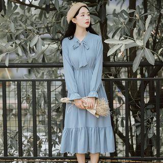 Long-sleeve Tie-neck A-line Midi Dress