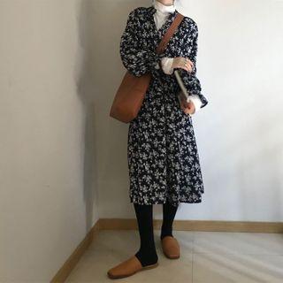 Long-sleeve Floral Print Midi A-line Dress / Top
