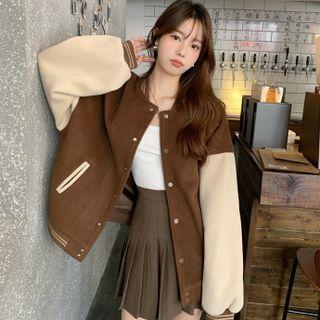 Set : Color Block Baseball Jacket + High-waist Pleated Skirt Skirt