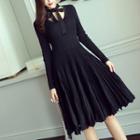 Bow Accent Long-sleeve Pleated Dress