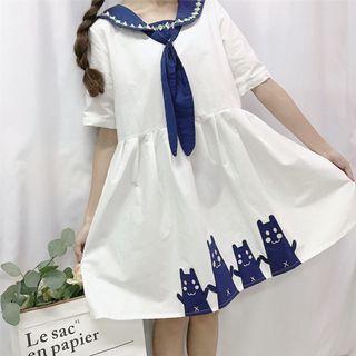Sailor Collar Cartoon Applique Short-sleeve A-line Dress