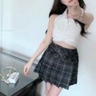 Sleeveless Plain Cropped Shirt / High-waist Plaid Mini Skirt