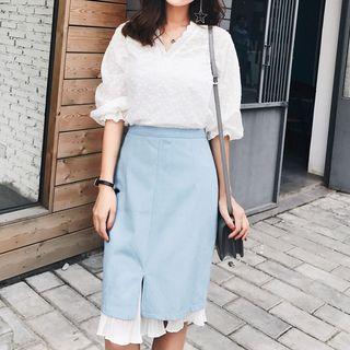 Set: Embroidered Elbow-sleeve V-neck Blouse + Mock Two-piece Pencil Skirt