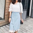 Set: Embroidered Elbow-sleeve V-neck Blouse + Mock Two-piece Pencil Skirt