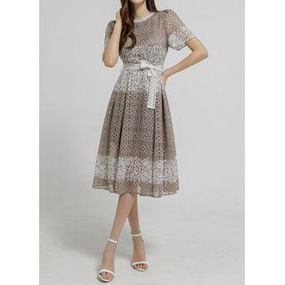 Flower-printed Midi Lace Dress With Belt