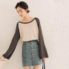 Long-sleeve Two-tone Knit Top As Shown In Figure - One Size