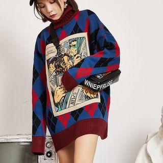 Turtleneck Argyle Print Sweater Blue - One Size
