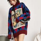 Turtleneck Argyle Print Sweater Blue - One Size