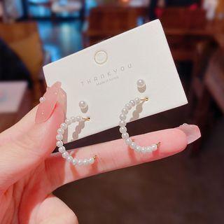 2 Pair Set: Faux Pearl Earring + Hoop Earring 1 Pair - A340 - Gold - One Size