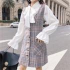 Tie-neck Blouse / Plaid Buttoned Jumper Dress Khaki - One Size