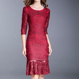 3/4-sleeve Floral Embroidered Mermaid Cocktail Dress