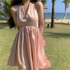 Halter Satin A-line Dress Pink - One Size
