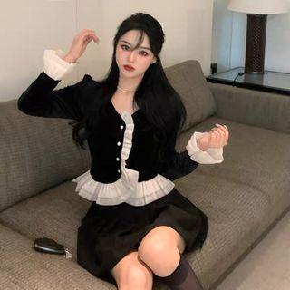 Bell-sleeve Mesh Trim Velvet Top / Mini A-line Skirt