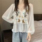 Long-sleeve Butterfly Embroidered Knit Panel Blouse