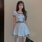 Short-sleeve Double Breasted Top / A-line Skirt