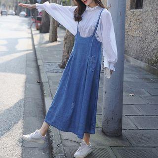 Ruffle Trim Blouse / Denim Jumper Dress