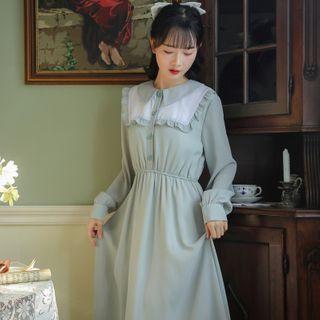 Puff-sleeve Paneled Ruffled Midi Shirtdress