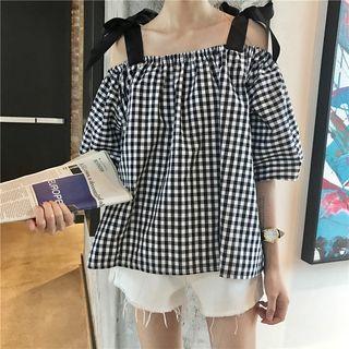 Off Shoulder Elbow-sleeve Top Gingham - Black & White - One Size