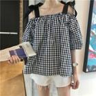 Off Shoulder Elbow-sleeve Top Gingham - Black & White - One Size