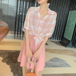 Short-sleeve Plaid Tie-waist Shirt / A-line Dress