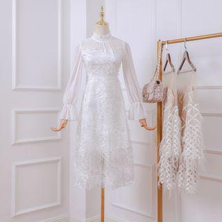 Sequined Fringed Trim Long-sleeve Midi A-line Dress