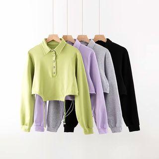 Drawstring Hem Long-sleeve Cropped Polo Shirt