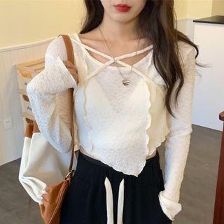 Long-sleeve Asymmetrical Hem Criss-cross Crop Top