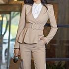 Set: Plain Double-breasted Blazer + High-waist Wide-leg Pants