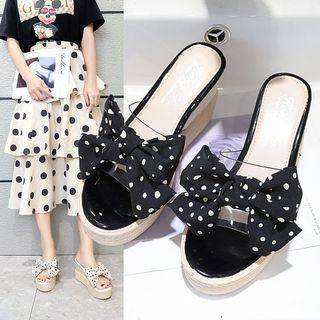 Dotted Bow-accent Platform Wedge Slide Sandals