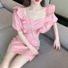 Ruffle Short-sleeve Mini Sheath Dress Pink - One Size