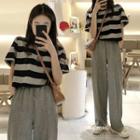 Elbow-sleeve Striped T-shirt / Loose Fit Pants / Set