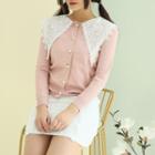 Crochet-lace Collared Cardigan Pink - One Size