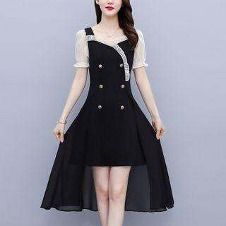 Puff-sleeve Buttoned Dip-back Dress