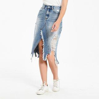Fringed Trim Denim Straight-fit Skirt