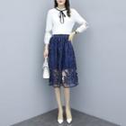 Set: Embroidered 3/4-sleeve Blouse + Lace Midi A-line Skirt