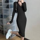 Long Sleeve V-neck Plain Midi Knit Dress