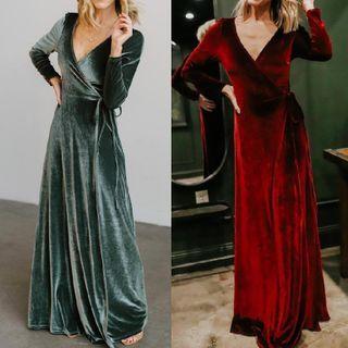 Velvet Long-sleeve V-neck Tie-waist A-line Midi Dress