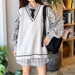 Set: Shirt With Tie + Contrast Trim Knit Vest (various Designs)