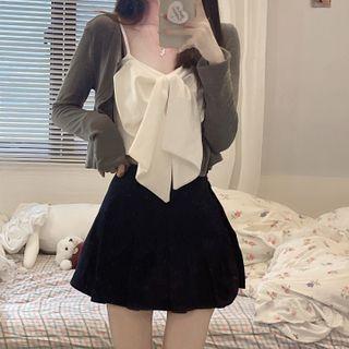 Set: Plain Cardigan + Bow Camisole Top + A-line Skirt