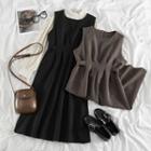Long-sleeve Mock-neck Blouse / Midi A-line Overall Dress