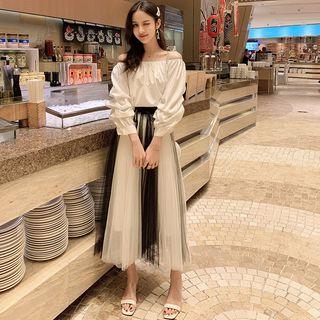 Set: 3/4-sleeve A-line Midi Dress + Pleated Skirt
