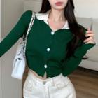 Contrast Collar Cropped Cardigan Green - One Size