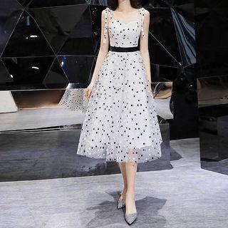 Spaghetti Strap Dotted Midi A-line Cocktail Dress