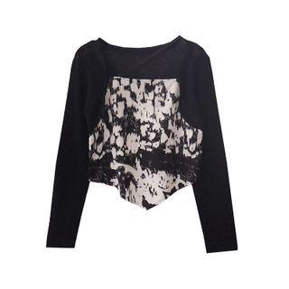 Long-sleeve Mock Two-piece Print Crop Top